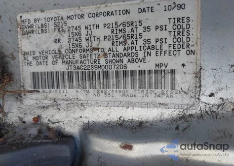 1991 Toyota Previa Le из США, поврежденный, VIN JT3AC22S9M0007206